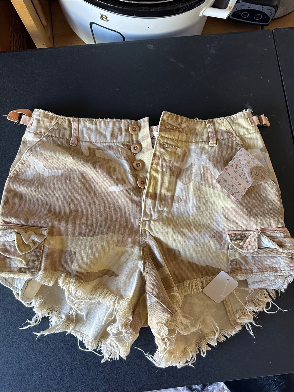 Free People Beige Camo Frayed Hem Jean Shorts